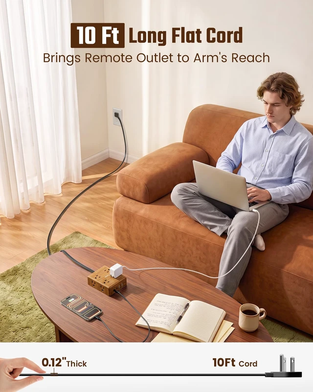 Alt view image 3 of 7 - Brown Extension Cord 10Ft, Flat Plug Power Strip Surge Protector Outlet Extender with 8 Outlets & 4 USB (2 USB C), Desktop Charging Station, Decorative Office Desk Accessories, Brown Wood