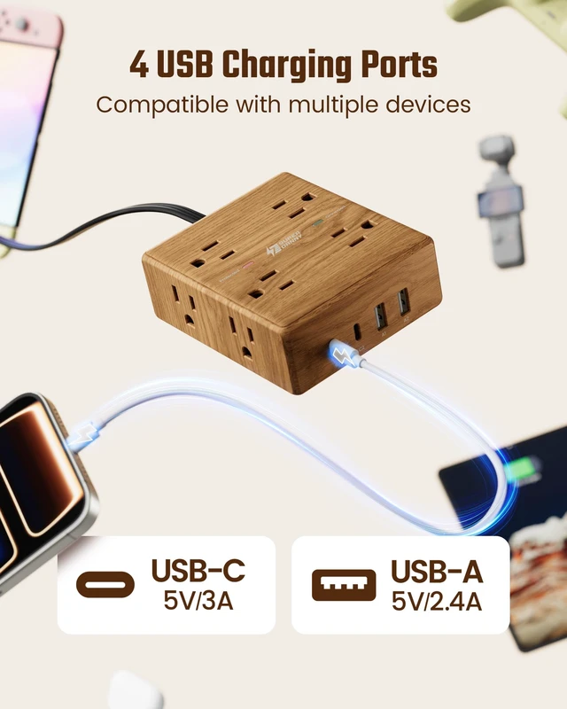 Alt view image 5 of 7 - Brown Extension Cord 10Ft, Flat Plug Power Strip Surge Protector Outlet Extender with 8 Outlets & 4 USB (2 USB C), Desktop Charging Station, Decorative Office Desk Accessories, Brown Wood