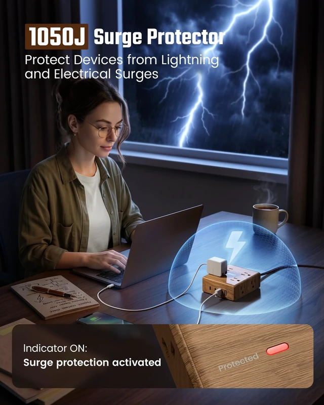 Alt view image 6 of 7 - Brown Extension Cord 10Ft, Flat Plug Power Strip Surge Protector Outlet Extender with 8 Outlets & 4 USB (2 USB C), Desktop Charging Station, Decorative Office Desk Accessories, Brown Wood