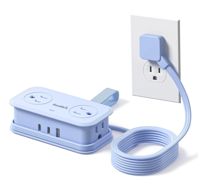 Main image of Travel Power Strip, Extension Cord with Multiple Outlets, 6.5FT Wrapped Extension Flat Plug Power Strip with 4 AC Outlets for Travel, Hotel, Cruise Approved, No Surge Protection, Blue