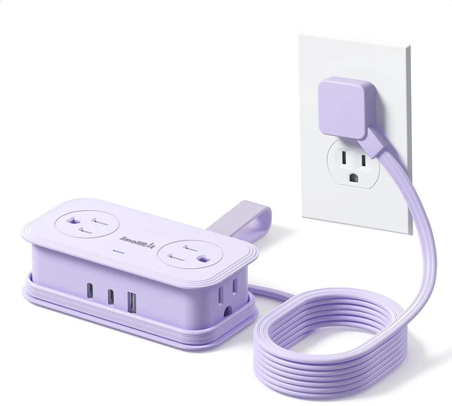 Main image of Travel Power Strip, Extension Cord with Multiple Outlets, 6.5FT Wrapped Extension Flat Plug Power Strip with 4 AC Outlets for Travel, Hotel, Cruise Approved, No Surge Protection, Purple
