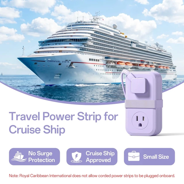 Alt view image 3 of 7 - Travel Power Strip, Extension Cord with Multiple Outlets, 6.5FT Wrapped Extension Flat Plug Power Strip with 4 AC Outlets for Travel, Hotel, Cruise Approved, No Surge Protection, Purple
