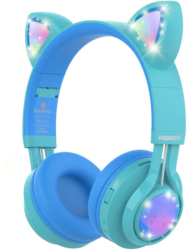 Main image of Kids Headphones, CT-7S Cat Ear Bluetooth Headphones with LED Light, 85dB Volume Limiting, Over Ear with Microphone for Laptop/PC/TV (Blue & Green)