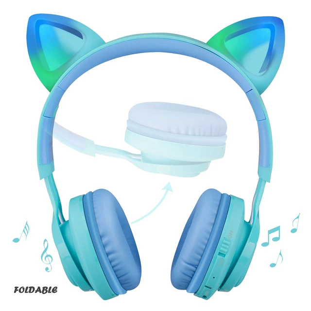 Alt view image 2 of 7 - Kids Headphones, CT-7S Cat Ear Bluetooth Headphones with LED Light, 85dB Volume Limiting, Over Ear with Microphone for Laptop/PC/TV (Blue & Green)