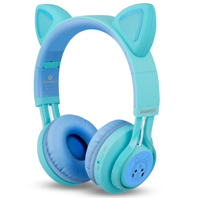 Alt view image 3 of 7 - Kids Headphones, CT-7S Cat Ear Bluetooth Headphones with LED Light, 85dB Volume Limiting, Over Ear with Microphone for Laptop/PC/TV (Blue & Green)