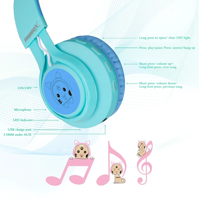 Alt view image 5 of 7 - Kids Headphones, CT-7S Cat Ear Bluetooth Headphones with LED Light, 85dB Volume Limiting, Over Ear with Microphone for Laptop/PC/TV (Blue & Green)