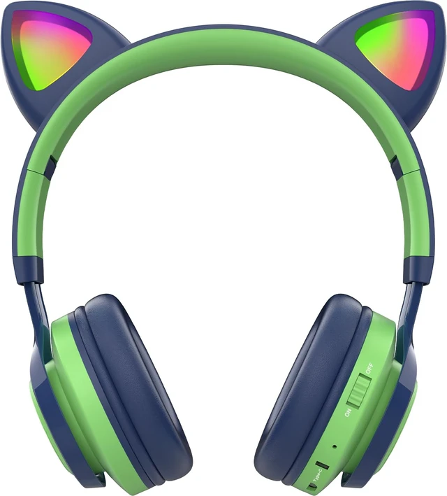 Alt view image 2 of 7 - Kids Headphones, CT-7S Cat Ear Bluetooth Headphones with LED Light, 85dB Volume Limiting, Over Ear with Microphone for Laptop/PC/TV (Green&Navy Blue)