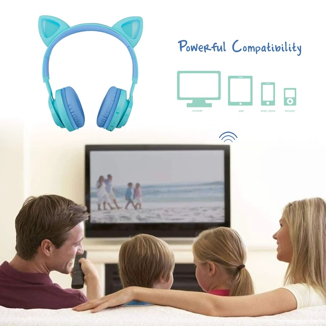Alt view image 7 of 7 - Kids Headphones, CT-7S Cat Ear Bluetooth Headphones with LED Light, 85dB Volume Limiting, Over Ear with Microphone for Laptop/PC/TV (Blue & Green)