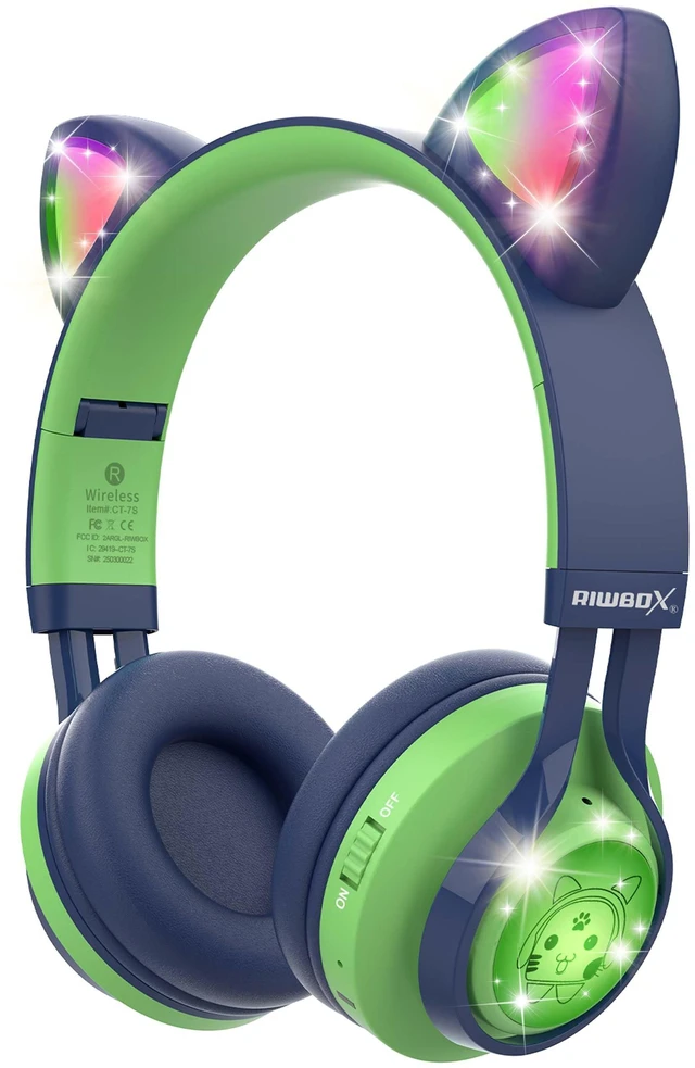 Main image of Kids Headphones, CT-7S Cat Ear Bluetooth Headphones with LED Light, 85dB Volume Limiting, Over Ear with Microphone for Laptop/PC/TV (Green&Navy Blue)