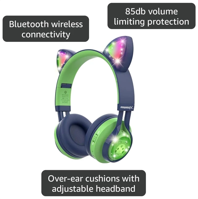 Alt view image 3 of 7 - Kids Headphones, CT-7S Cat Ear Bluetooth Headphones with LED Light, 85dB Volume Limiting, Over Ear with Microphone for Laptop/PC/TV (Green&Navy Blue)