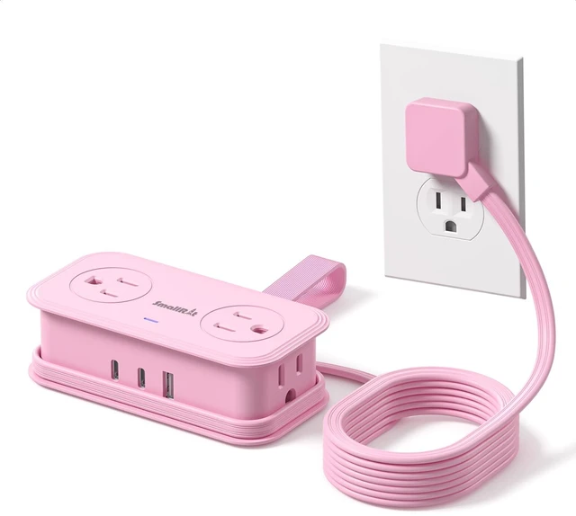 Main image of Travel Power Strip, Extension Cord with Multiple Outlets, 6.5FT Wrapped Extension Flat Plug Power Strip with 4 AC Outlets for Travel, Hotel, Cruise Approved, No Surge Protection, Pink