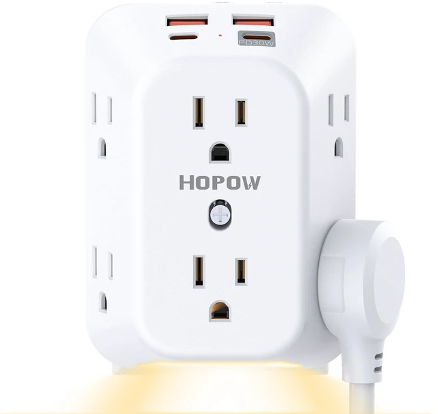 Main image of Outlet Extender, PD30W, 1050J, 6AC&2A2C, ETL, Outlet with Night Light Wall Charger with USB Ports, 1.9in spacing, auto nightlight, surge protector, wall outlet extender for Home Office, White