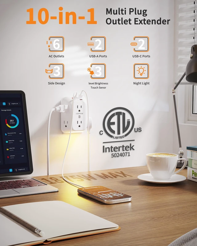 Alt view image 3 of 7 - Outlet Extender, PD30W, 1050J, 6AC&2A2C, ETL, Outlet with Night Light Wall Charger with USB Ports, 1.9in spacing, auto nightlight, surge protector, wall outlet extender for Home Office, White
