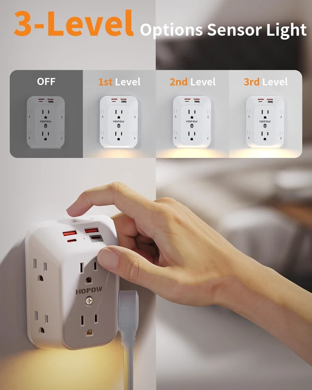 Alt view image 5 of 7 - Outlet Extender, PD30W, 1050J, 6AC&2A2C, ETL, Outlet with Night Light Wall Charger with USB Ports, 1.9in spacing, auto nightlight, surge protector, wall outlet extender for Home Office, White