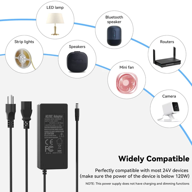 Alt view image 6 of 7 - 24V DC Power Supply Adapter 24Volt 5A 120W AC to DC Converter Transformer 100-240V AC Input with 5.5 x 2.1mm US Plug for LED Strip, CCTV Camera