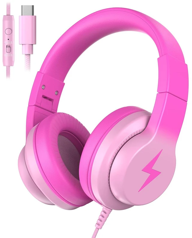 Main image of USB C Kids Headphones with Mic for School Travel Boys,Girls 85/94dB Volume Limited,Foldable Wired Over-Ear Fit, Adjustable, Corded Headphones for Toddler, iPad, Tablets, Gradient Pink