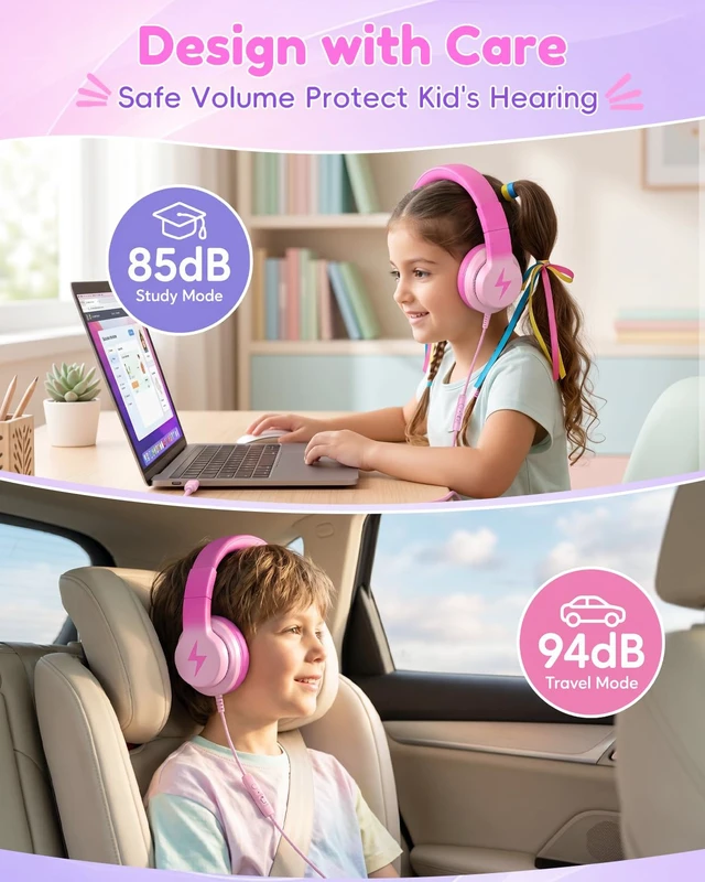 Alt view image 2 of 7 - USB C Kids Headphones with Mic for School Travel Boys,Girls 85/94dB Volume Limited,Foldable Wired Over-Ear Fit, Adjustable, Corded Headphones for Toddler, iPad, Tablets, Gradient Pink
