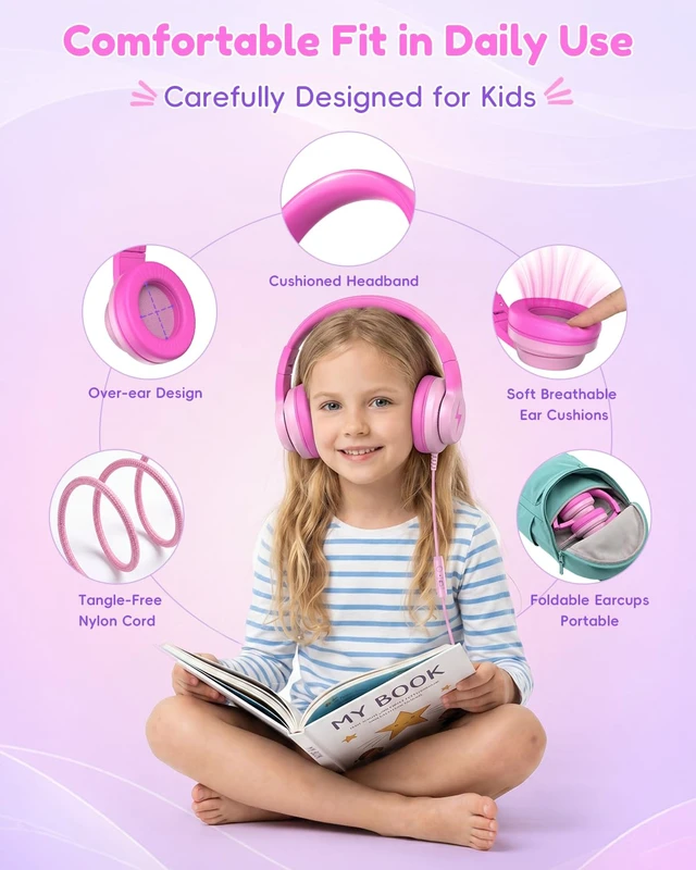 Alt view image 6 of 7 - USB C Kids Headphones with Mic for School Travel Boys,Girls 85/94dB Volume Limited,Foldable Wired Over-Ear Fit, Adjustable, Corded Headphones for Toddler, iPad, Tablets, Gradient Pink