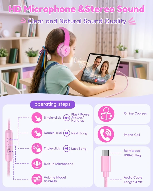 Alt view image 4 of 7 - USB C Kids Headphones with Mic for School Travel Boys,Girls 85/94dB Volume Limited,Foldable Wired Over-Ear Fit, Adjustable, Corded Headphones for Toddler, iPad, Tablets, Gradient Pink