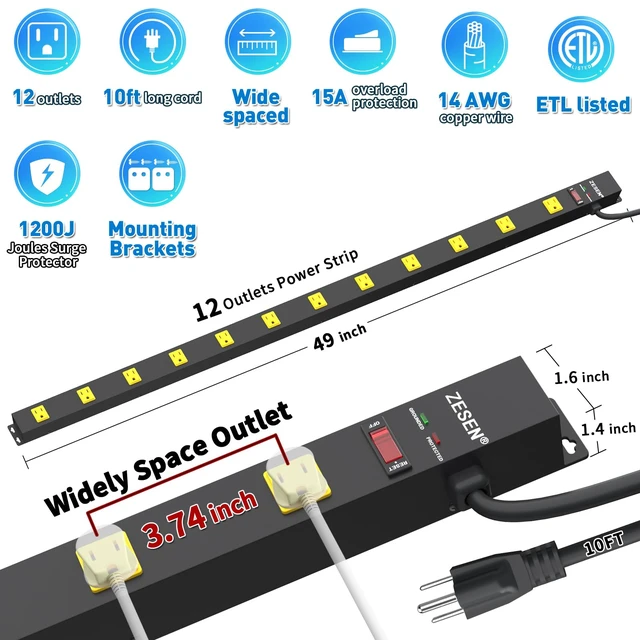 Alt view image 2 of 7 - 12 Outlet Long Power Strips Wide-Spaced Outlets with 10ft Cord Power Strip Heavy Duty Industrial Power Strip Surge Protector Overload 2100J Protection for Garage Workshop Office Home ETL Certified