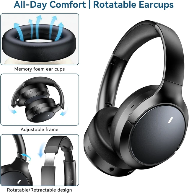 Alt view image 6 of 7 - Hybrid ANC Wireless Over-Ear Headphones, 100H Playtime, Hi-Res Audio, Bluetooth 6.0, Multi-Mode Noise Cancellation, Comfort Fit, iOS & Android Compatible, Foldable Design, Travel-Friendly (Black)