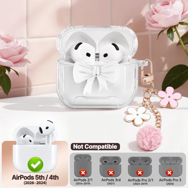 Alt view image 2 of 7 - for AirPods 5/4 Case Cover (2026-2024)-Clear White with Bow Safety Lock,As Phone Stand,Come with Floral Key Chain & Clean Pen,Support Wireless,Two-Piece Design for Women Girly