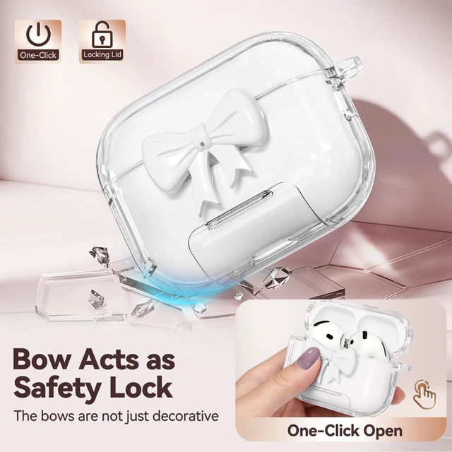 Alt view image 3 of 7 - for AirPods 5/4 Case Cover (2026-2024)-Clear White with Bow Safety Lock,As Phone Stand,Come with Floral Key Chain & Clean Pen,Support Wireless,Two-Piece Design for Women Girly