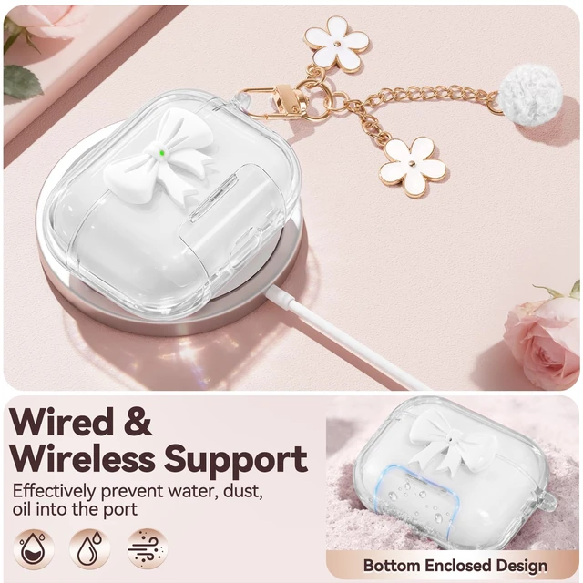 Alt view image 4 of 7 - for AirPods 5/4 Case Cover (2026-2024)-Clear White with Bow Safety Lock,As Phone Stand,Come with Floral Key Chain & Clean Pen,Support Wireless,Two-Piece Design for Women Girly
