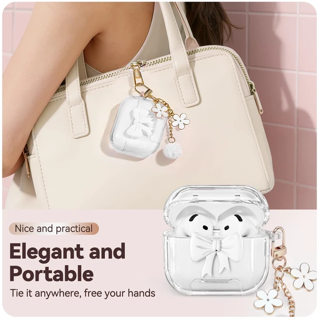 Alt view image 6 of 7 - for AirPods 5/4 Case Cover (2026-2024)-Clear White with Bow Safety Lock,As Phone Stand,Come with Floral Key Chain & Clean Pen,Support Wireless,Two-Piece Design for Women Girly
