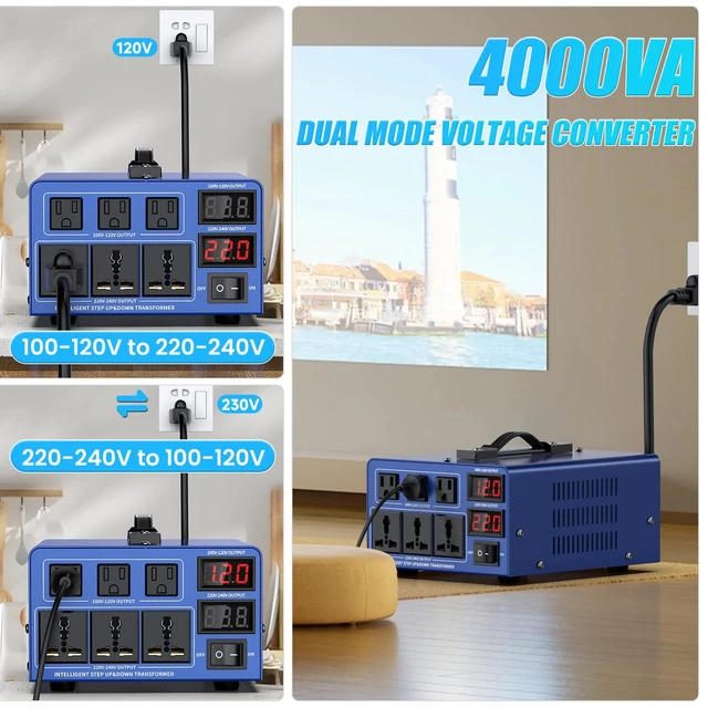 Alt view image 2 of 7 - 4000 watt Voltage Conversion Transformer Heavy-Duty Step-up/Step-Down AC 110V/120V/220V/240V Power Conversion, with resettable Circuit Breaker Protection, with US Power Cord, LCD Display