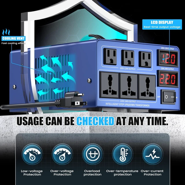 Alt view image 6 of 7 - 4000 watt Voltage Conversion Transformer Heavy-Duty Step-up/Step-Down AC 110V/120V/220V/240V Power Conversion, with resettable Circuit Breaker Protection, with US Power Cord, LCD Display