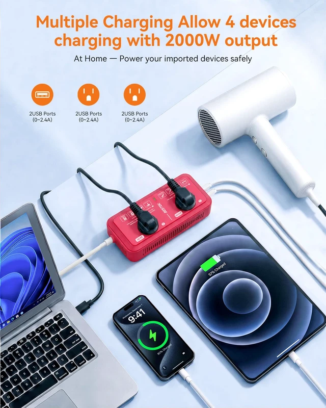 Alt view image 3 of 7 - European Travel Plug Adapter 220V to 110V Voltage Converter US to Europe 2000W Travel Voltage Converter with 2 USB Ports for Hair Dryer/Curling Iron/Phone Travel Adapter for Europe Countries