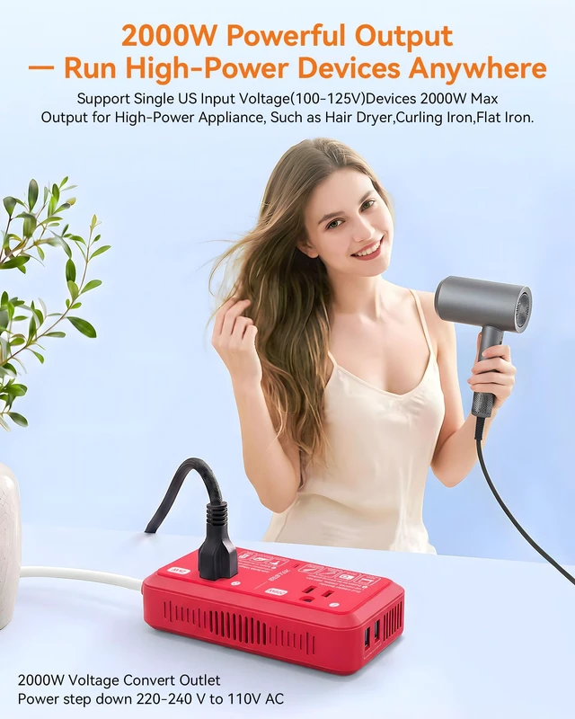 Alt view image 4 of 7 - European Travel Plug Adapter 220V to 110V Voltage Converter US to Europe 2000W Travel Voltage Converter with 2 USB Ports for Hair Dryer/Curling Iron/Phone Travel Adapter for Europe Countries
