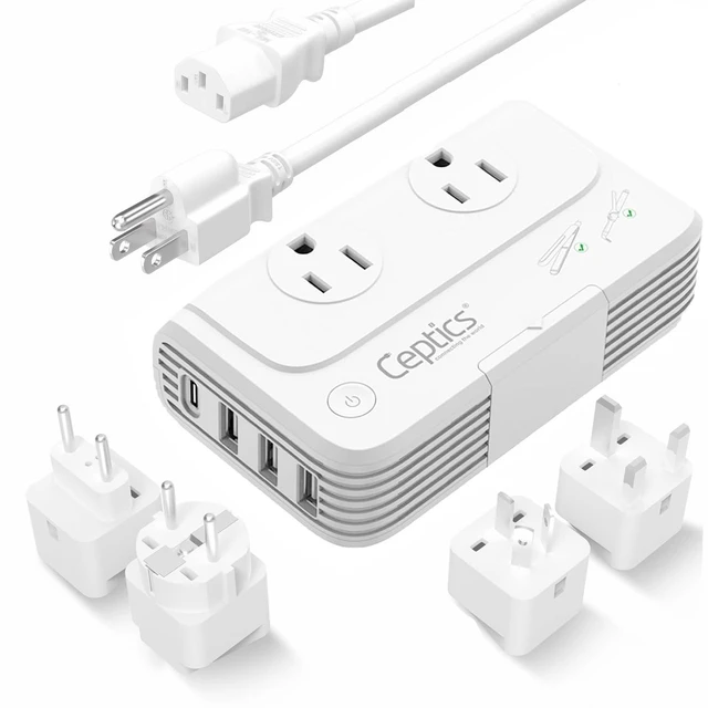 Main image of 220V to 110V Voltage Converter, 200W, 4 USB, PD 18W Fast Charging Includes Type C, E/F, G & I plugs. 2 AC outlets for curling irons, straighteners, chargers & travel