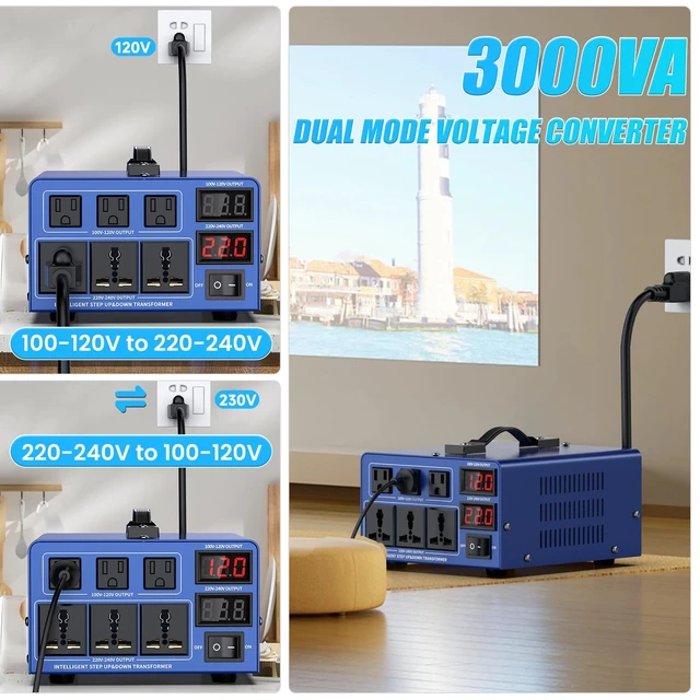 Alt view image 2 of 7 - 3000 watt Voltage Conversion Transformer Heavy-Duty Step-up/Step-Down AC 110V/120V/220V/240V Power Conversion, with resettable Circuit Breaker Protection, with US Power Cord, LCD Display