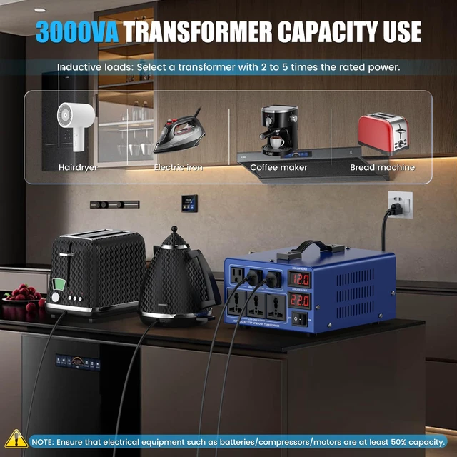 Alt view image 6 of 7 - 3000 watt Voltage Conversion Transformer Heavy-Duty Step-up/Step-Down AC 110V/120V/220V/240V Power Conversion, with resettable Circuit Breaker Protection, with US Power Cord, LCD Display