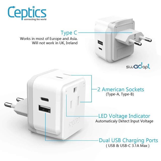 Alt view image 6 of 7 - International Power Plug Adapter Travel Set, 20W PD & QC, Safe Dual USB & USB-C 3.1A - 2 USA Outlet - Compact - Use Europe, Asia, Africa In Worldwide - Includes 13 Type SWadAPt Attachments