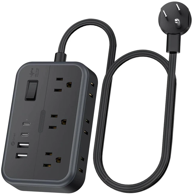 Main image of 10 in 1Power Strip Ultra Thin Flat Plug Extension Cord with 4 USB Ports(Include 2 USB C) Surge Protector Power Strip with Flat Cord 6 Widely Spaced Outlet(2 Side) 5 Ft Extension Cord-Black