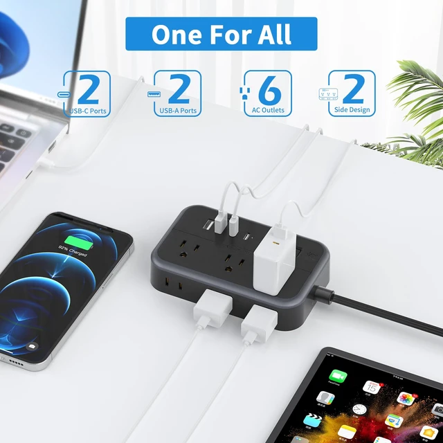 Alt view image 2 of 7 - 10 in 1Power Strip Ultra Thin Flat Plug Extension Cord with 4 USB Ports(Include 2 USB C) Surge Protector Power Strip with Flat Cord 6 Widely Spaced Outlet(2 Side) 5 Ft Extension Cord-Black