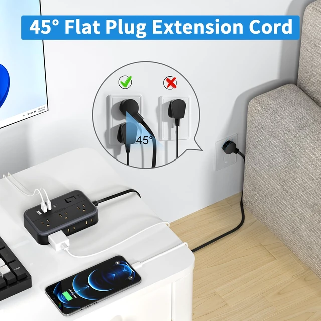 Alt view image 3 of 7 - 10 in 1Power Strip Ultra Thin Flat Plug Extension Cord with 4 USB Ports(Include 2 USB C) Surge Protector Power Strip with Flat Cord 6 Widely Spaced Outlet(2 Side) 5 Ft Extension Cord-Black