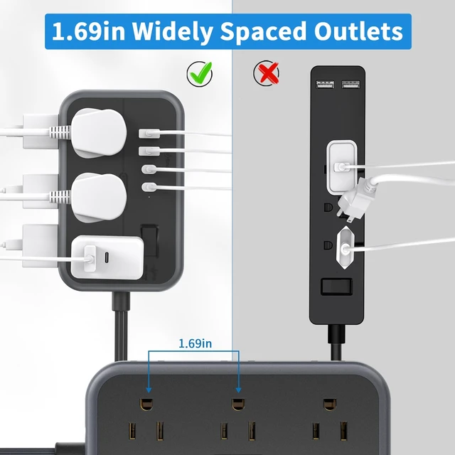 Alt view image 5 of 7 - 10 in 1Power Strip Ultra Thin Flat Plug Extension Cord with 4 USB Ports(Include 2 USB C) Surge Protector Power Strip with Flat Cord 6 Widely Spaced Outlet(2 Side) 5 Ft Extension Cord-Black