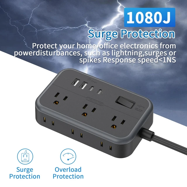 Alt view image 6 of 7 - 10 in 1Power Strip Ultra Thin Flat Plug Extension Cord with 4 USB Ports(Include 2 USB C) Surge Protector Power Strip with Flat Cord 6 Widely Spaced Outlet(2 Side) 5 Ft Extension Cord-Black