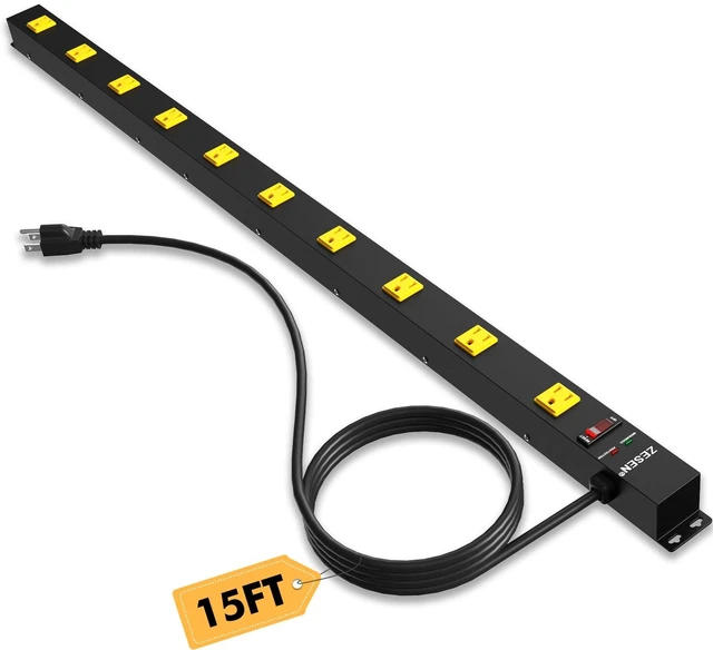 Main image of 10 Outlet Long Power Strip Wide Spaced Metal Power Strip with 15FT Cord Heavy Duty Industrial Power Strip for Work Bench Garage Shop, Overload 2100J Protection Switch, ETL Listed (15A/1875W) Black