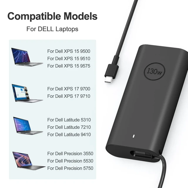 Alt view image 4 of 7 - 130W USB C Laptop Charger Compatible with Dell XPS 15 17 9575,Precision Charger 5750 5570 5530 5550 3560 3551 3550,Latitude Laptop Charger 5420 5510 7210 7310 7410 9410 9510 - Power Cord