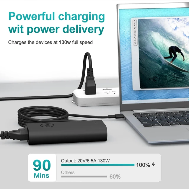 Alt view image 2 of 7 - 130W USB C Laptop Charger Compatible with Dell XPS 15 17 9575,Precision Charger 5750 5570 5530 5550 3560 3551 3550,Latitude Laptop Charger 5420 5510 7210 7310 7410 9410 9510 - Power Cord