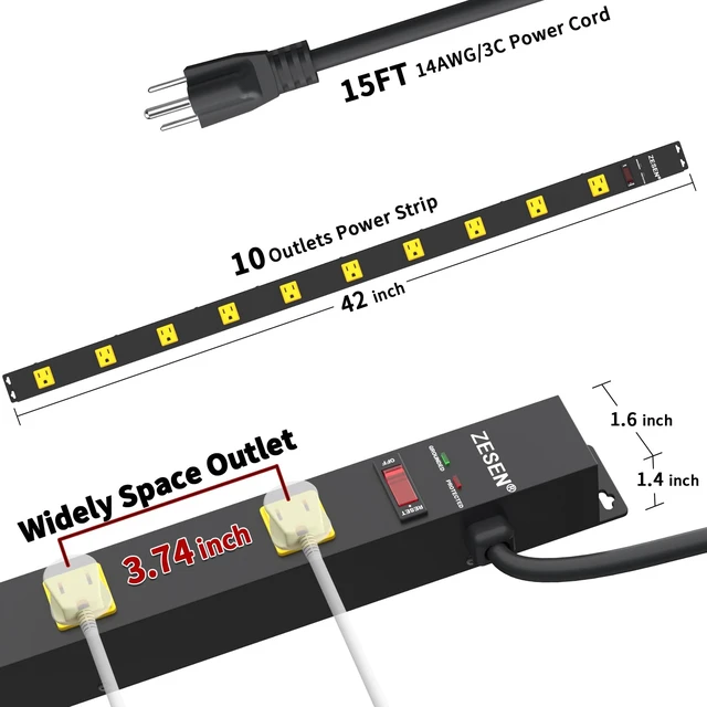 Alt view image 3 of 7 - 10 Outlet Long Power Strip Wide Spaced Metal Power Strip with 15FT Cord Heavy Duty Industrial Power Strip for Work Bench Garage Shop, Overload 2100J Protection Switch, ETL Listed (15A/1875W) Black
