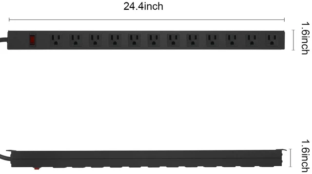 Alt view image 2 of 7 - Long Power Strip Surge Protector, 12 Ports, Black, 15FT Heavy Duty, Extension Cord Multiple Outlets, Wide Spaced, Metal, Large, Wall Mount Plug Extender, Under Desk, Garage