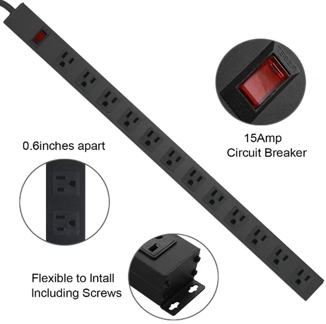 Alt view image 3 of 7 - Long Power Strip Surge Protector, 12 Ports, Black, 15FT Heavy Duty, Extension Cord Multiple Outlets, Wide Spaced, Metal, Large, Wall Mount Plug Extender, Under Desk, Garage