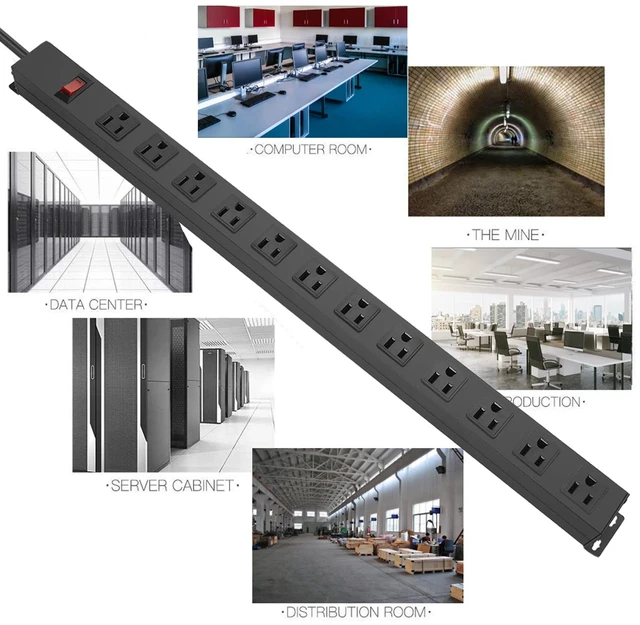 Alt view image 6 of 7 - Long Power Strip Surge Protector, 12 Ports, Black, 15FT Heavy Duty, Extension Cord Multiple Outlets, Wide Spaced, Metal, Large, Wall Mount Plug Extender, Under Desk, Garage