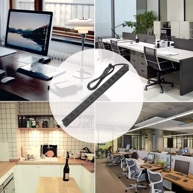 Alt view image 7 of 7 - Long Power Strip Surge Protector, 12 Ports, Black, 15FT Heavy Duty, Extension Cord Multiple Outlets, Wide Spaced, Metal, Large, Wall Mount Plug Extender, Under Desk, Garage